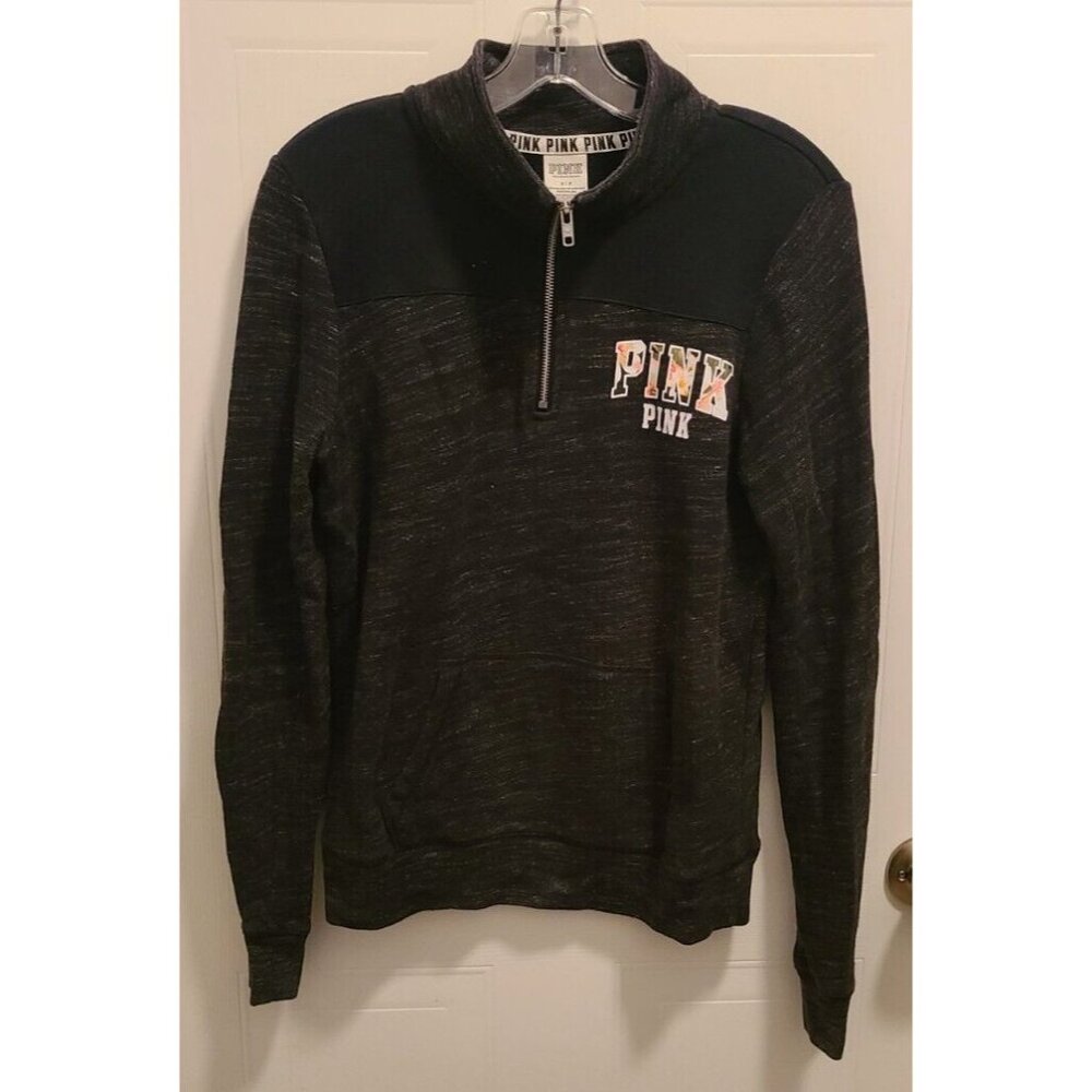 Victoria's Secret PINK Women's Quarter Zip Sweatshirt Tropical Logo Dark Gray S